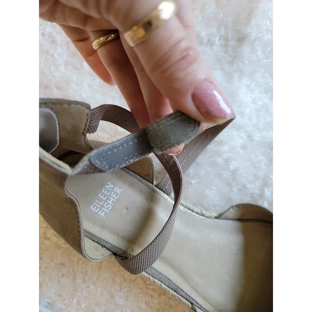 EILEEN FISHER Bisa Metallic Ankle Strap Zipper Back Flat Espadrille Shoes Sz 9.5
